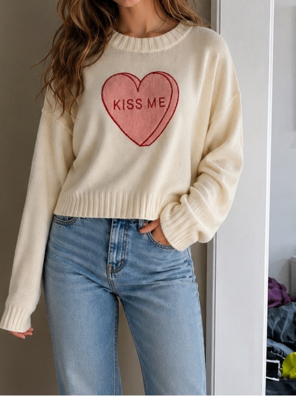 Jessica Simpson Cream Sweater with Red Heart